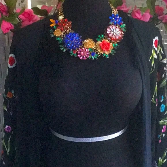 Floral Rhinestone Blue Red Pink Statement Necklace Flower Crystal Multicolor New - Picture 2 of 9